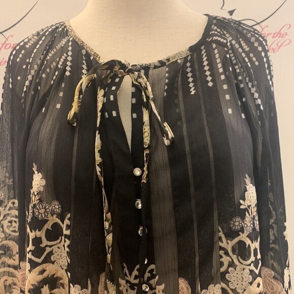 V Cristina. Sz Small. Pleated Border Print Button Up Tunic. Semi Sheer. B43 - Picture 2 of 8